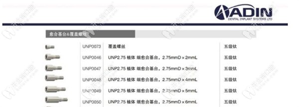 以色列雅定adin种植牙基台型号表