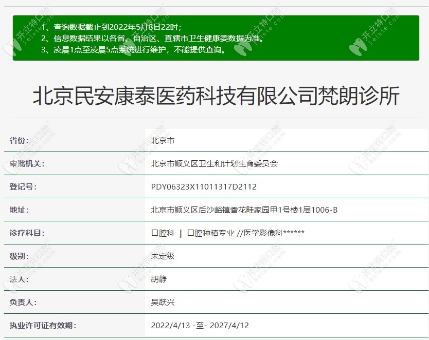 北京梵朗口腔诊所登记信息
