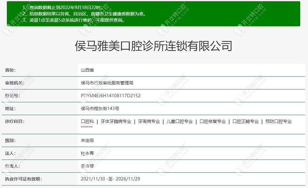 侯馬雅美口腔雅美口腔衛(wèi)健委注冊信息表