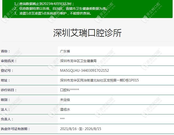深圳艾瑞口腔诊所卫健委注册信息