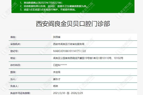 西安阎良金贝贝口腔门诊部认证信息