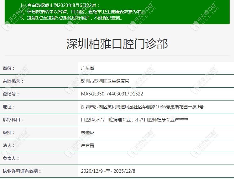 深圳柏雅口腔门诊部注册信息