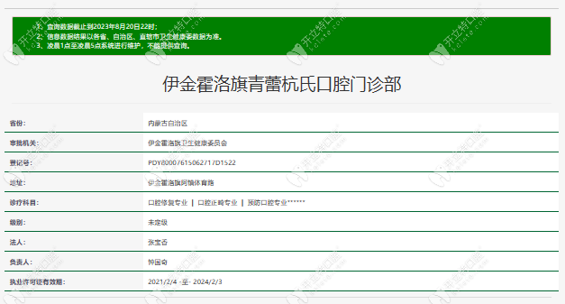 鄂爾多斯伊金霍洛旗青蕾杭氏口腔門(mén)診部資質(zhì)