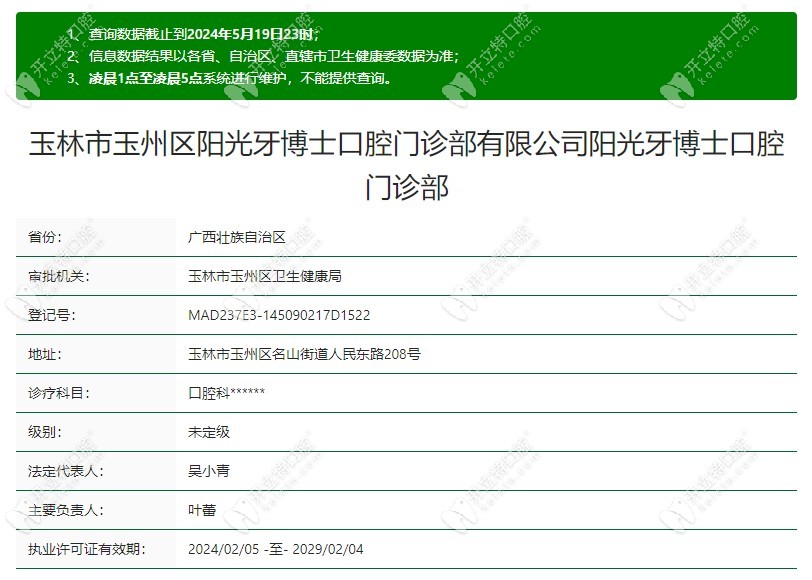 玉林市玉州区阳光牙博士口腔门诊部资质
