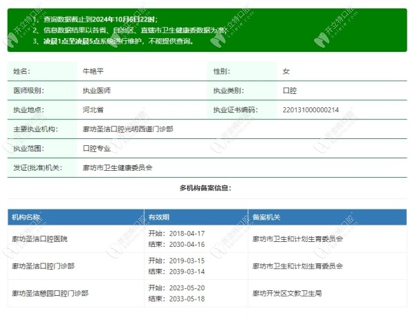 廊坊圣潔口腔門診部 牛艷平