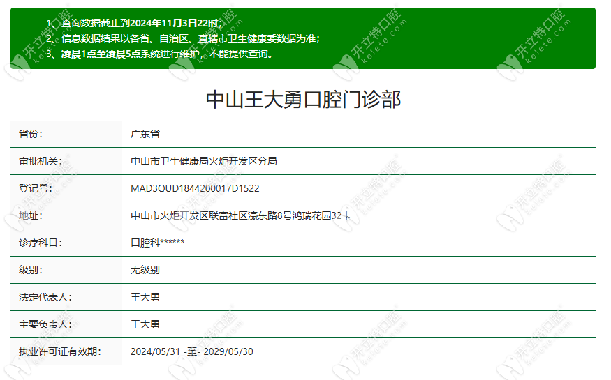 中山王大勇口腔基本信息www.kelete.com