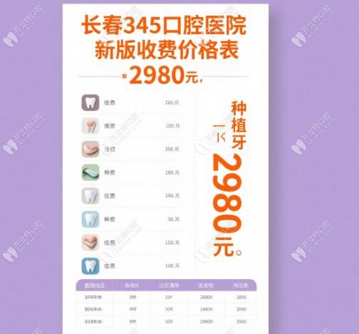 长春345口腔医院收费价格表新版!种植牙2980元,附地址公交